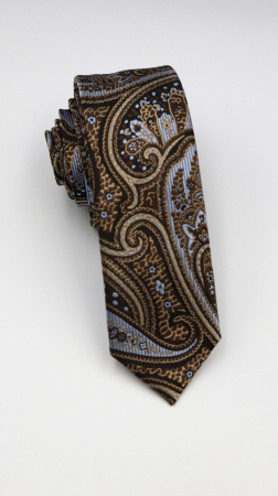 Cravate - Cravată îngustă maro închis cu model paisley ocru auriu și albastru gheață