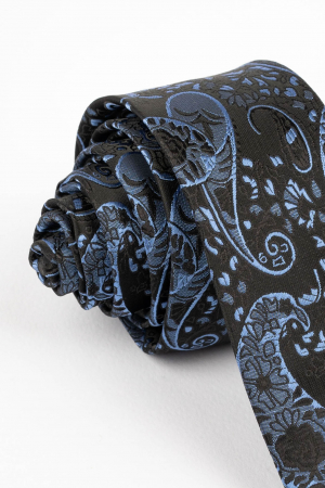 Cravata ingusta neagra cu imprimeu paisley albastru [1]