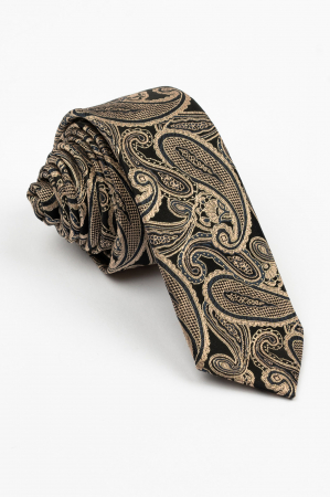 Cravate - Cravata ingusta neagra  cu imprimeu paisley cappuccino