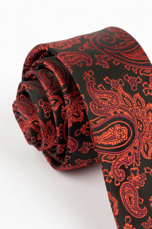 Cravata ingusta neagra cu imprimeu paisley rosu [1]