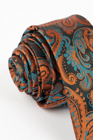 Cravata ingusta neagra cu imprimeu paisley ruginiu si albastru petrol [1]