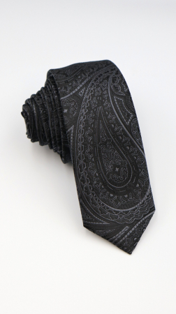 Cravate - Cravata ingusta neagra cu model paisley gri texturat