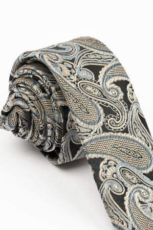 Accesorii - Cravata ingusta negru-albastrui cu imprimeu paisley cappuccino si albastru