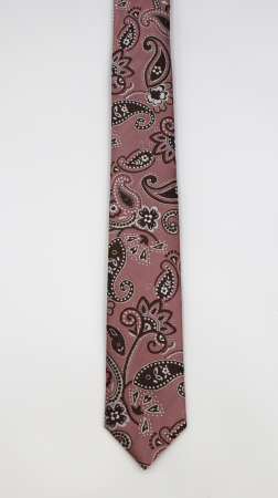 Cravată îngustă roz prăfuit cu model paisley floral în maro ciocolată și alb [1]
