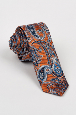 Accesorii - Cravata ingusta ruginie cu paisley argintiu si albastru