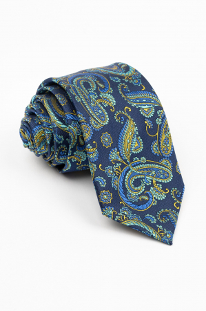 Accesorii - Cravata matase bleumarin cu imprimeu paisley auriu si toarcoaz