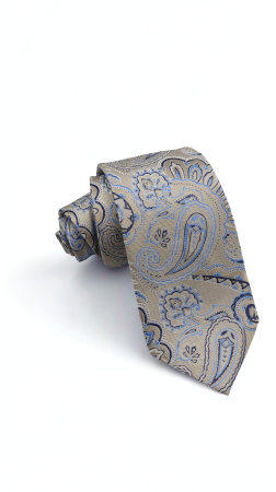 Cravate - Cravată mătase naturală bej cu model paisley albastru si bleumarin