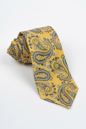 Accesorii - Cravata matase naturala galbena cu imprimeu paisley bleu si negru