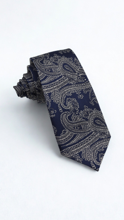 Cravate - Cravată mătase naturală bleumarin cu model paisley alb si gri