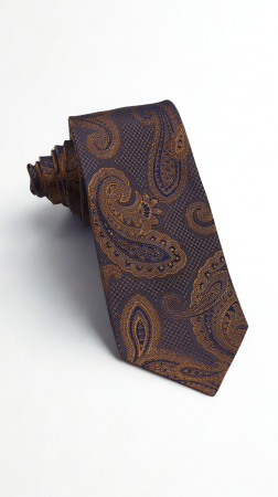Cravate - Cravată mătase naturală bleumarin cu model paisley maro-caramel