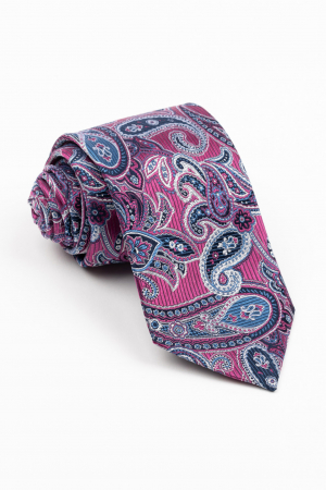 Accesorii - Cravata matase naturala fucsia cu imprimeu paisley alb si albastru