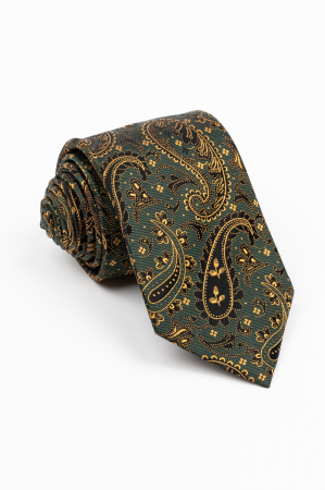 Accesorii - Cravata matase naturala verde-inchis cu imprimeu paisley negru si auriu