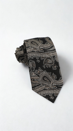Cravate - Cravată mătase naturală neagra cu model paisley argintiu si bej