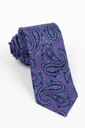 Accesorii - Cravata matase naturala mov cu imprimeu paisley navy si bleu