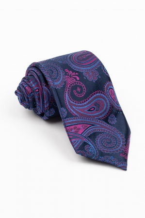Accesorii - Cravata matase naturala bleumarin cu imprimeu paisley albastru si  fucsia
