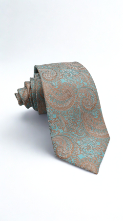 Cravate - Cravată mătase naturală turcoaz cu model paisley bronz-auriu si alb