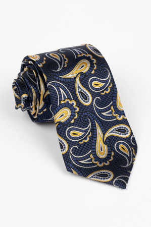 Cravata  din matase naturala bleumarin cu model floral auriu [0]