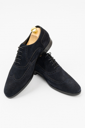 Pantofi barbati - Pantofi piele intoarsa barbati bleumarin-brogue