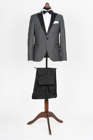 Sacou smoking slim gri cu lana si rever negru [2]