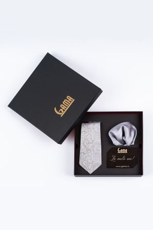 Accesorii - Set Cadou Premium GAMA - Cravată Mătase & Batistă Argintie