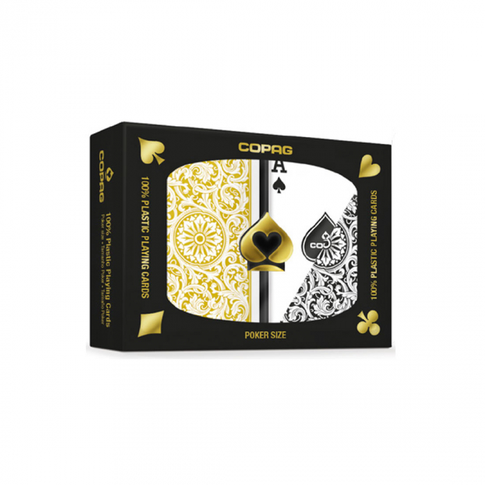 Set carti de joc Copag 1546 (Brazilia), 100% plastic, 2 pachete, auriu si negru, in cutie de plastic [1]