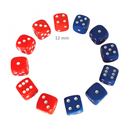 Zaruri - Set 12 zaruri de 12 mm, 6 rosii si 6 albastre, plastic opac