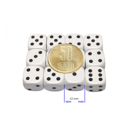 Zaruri - Set 12 zaruri de 12 mm, albe, de calitate, plastic opac