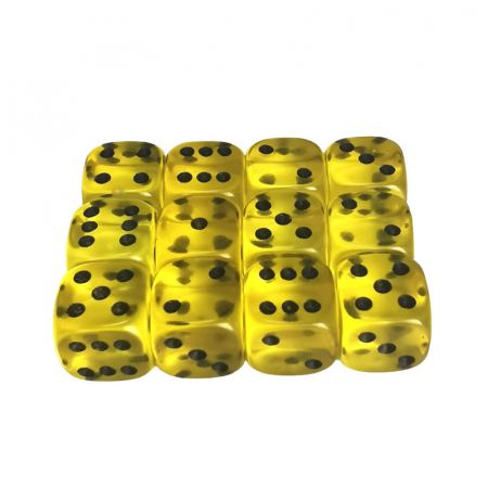 Zaruri - Set 12 zaruri de 12 mm, galbene, de calitate, plastic translucid