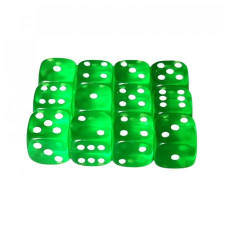 Zaruri - Set 12 zaruri de 12 mm, verzi, de calitate, plastic translucid