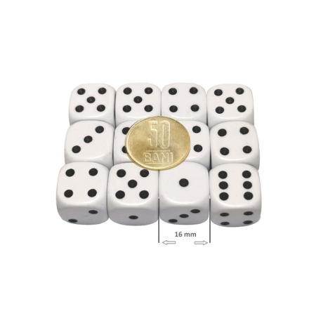 Zaruri - Set 12 zaruri de 16 mm, albe, de calitate, plastic opac