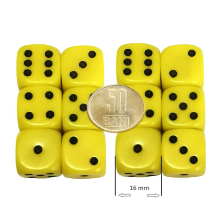 Zaruri - Set 12 zaruri de 16 mm, galbene, de calitate, plastic opac