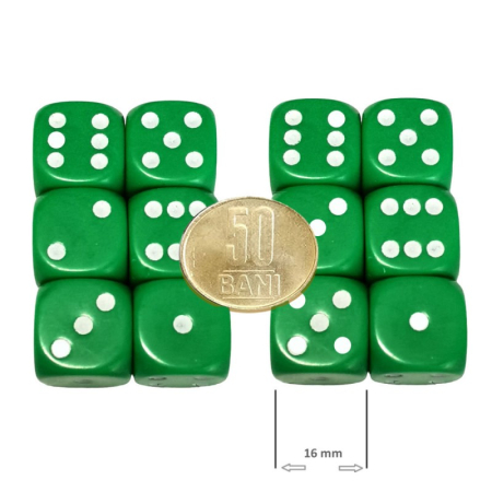 Zaruri - Set 12 zaruri de 16 mm, verzi, de calitate, plastic opac