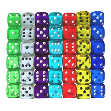 Zaruri - Set 42 zaruri de 12 mm, de calitate, plastic translucid, 7 culori, cutie de transport