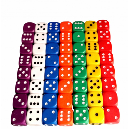 Zaruri - Set 56 zaruri de 12 mm, de calitate, plastic opac, 7 culori, cutie de transport Set 56 zaruri de 12 mm, de calitate, plastic opac, 7 culori, cutie de transport