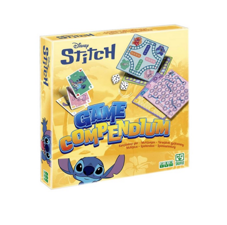 Jocuri de societate - Set jocuri de societate, Game Compedium - STITCH, 4 planse dimensiuni 26 x 26 cm, 16 pioni, 3 zaruri, un pachet de carti de joc cu Stitch