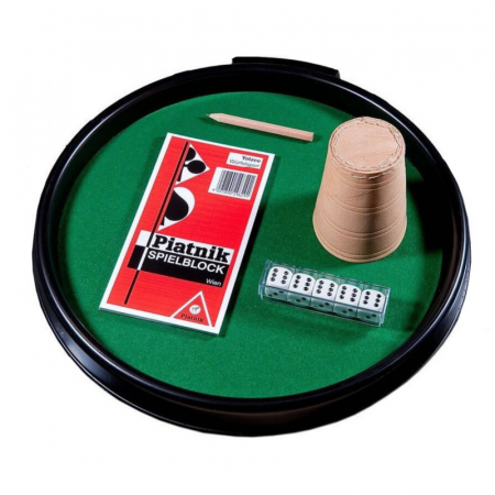 Zaruri - Set pentru jocuri cu zaruri Piatnik - tava diametru 32 cm, 5 zaruri 16mm, cupa de piele, carnetel de scor si creion