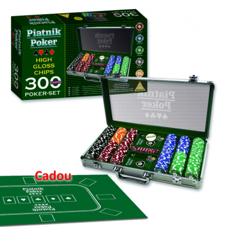 Jocuri de societate - Set poker profesional Piatnik (Austria), 300 jetoane de cazinou (14 grame), 2 pachete carti de joc, 5 zaruri, buton dealer, cadou covoras Texas Hold'em