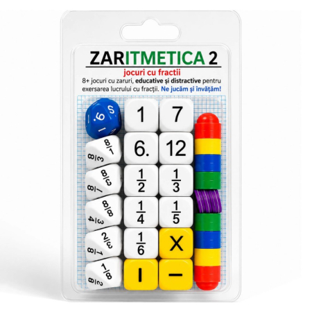 Jocuri logice - ZARITMETICA 2 FRACTII - Set de 8+ jocuri cu zaruri, educative si distractive, pentru exersarea aritmeticii cu fractii