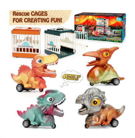 Jocuri de societate pentru copii - Set 4 masini - Dinozauri captivi in custi interactive