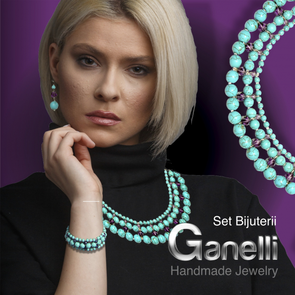 0299(A) Set bijuterii GANELLI -colier Statement 3 randuri, bratara 3 randuri, cercei, Turcoaz, Cristal helix [8]