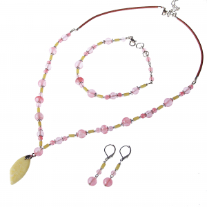 Set bijuterii - 0262 Set bijuterii GANELLI - colier cu pandantivt, bratara si cercei din pietre semipretioase Jad Serpentin și Cuarț cherry