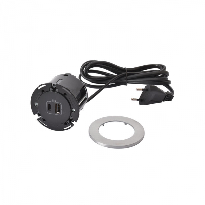 Incara Disq 60 cu USB A+C de 15 W , finisaj alb, negru, metal, cablu 2m + stecar 2P+T [2]