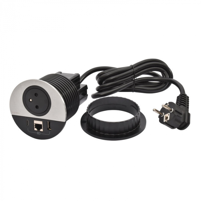Incara Disq 80 cu Priza 2P+T, USB A+C, RJ45 cat6 UTP , finisaj alb, metal, negru, cablu de 0,5 m + conector Wieland [2]