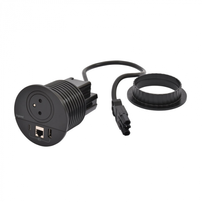 Incara Disq 80 cu Priza 2P+T, USB A+C, RJ45 cat6 UTP , finisaj negru, metal, alb, cablu 2m + stecar 2P+T [2]