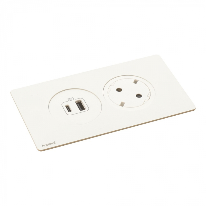 Incara Disq'In 2 posturi cu 1x Priza 2P+T, 1x USB A+C albe, negre cablu 2m + stecar 2P+T, fara placa finisaj [2]