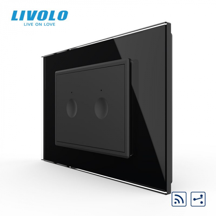 Intrerupator dublu tactil, control telecomanda RF, cap scara / cap cruce, standard italian, cu rama sticla, 3M VL-FC2SR-P9E-3WP [3]