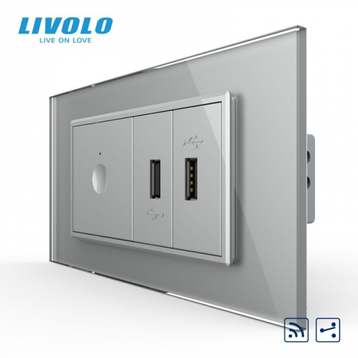 Intrerupator tactil simplu cap scara / cruce control telecomanda RF + priza dubla USB, 4M, cu rama sticla [4]