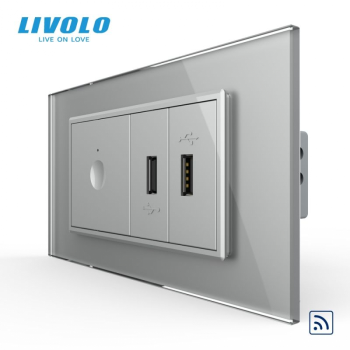 Intrerupator tactil simplu control telecomanda RF + priza dubla USB, 4M, cu rama sticla VL-FC1R-2FCUS-1WP-P9E [4]