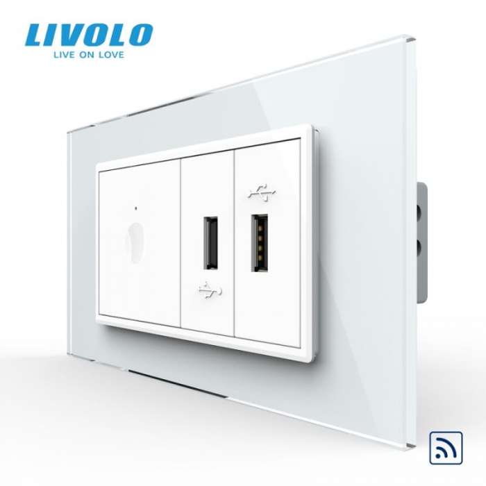 Intrerupator tactil simplu control telecomanda RF + priza dubla USB, 4M, cu rama sticla VL-FC1R-2FCUS-1WP-P9E [2]