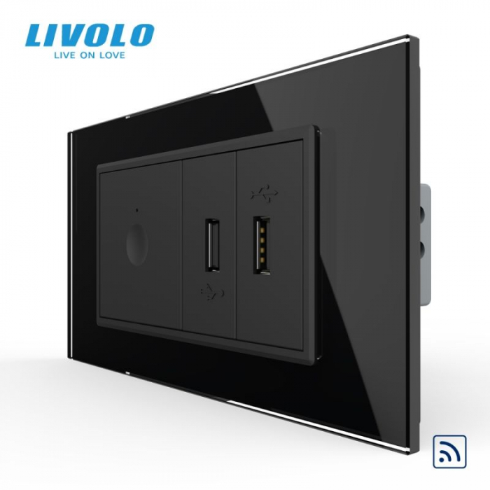 Intrerupator tactil simplu control telecomanda RF + priza dubla USB, 4M, cu rama sticla VL-FC1R-2FCUS-1WP-P9E [3]